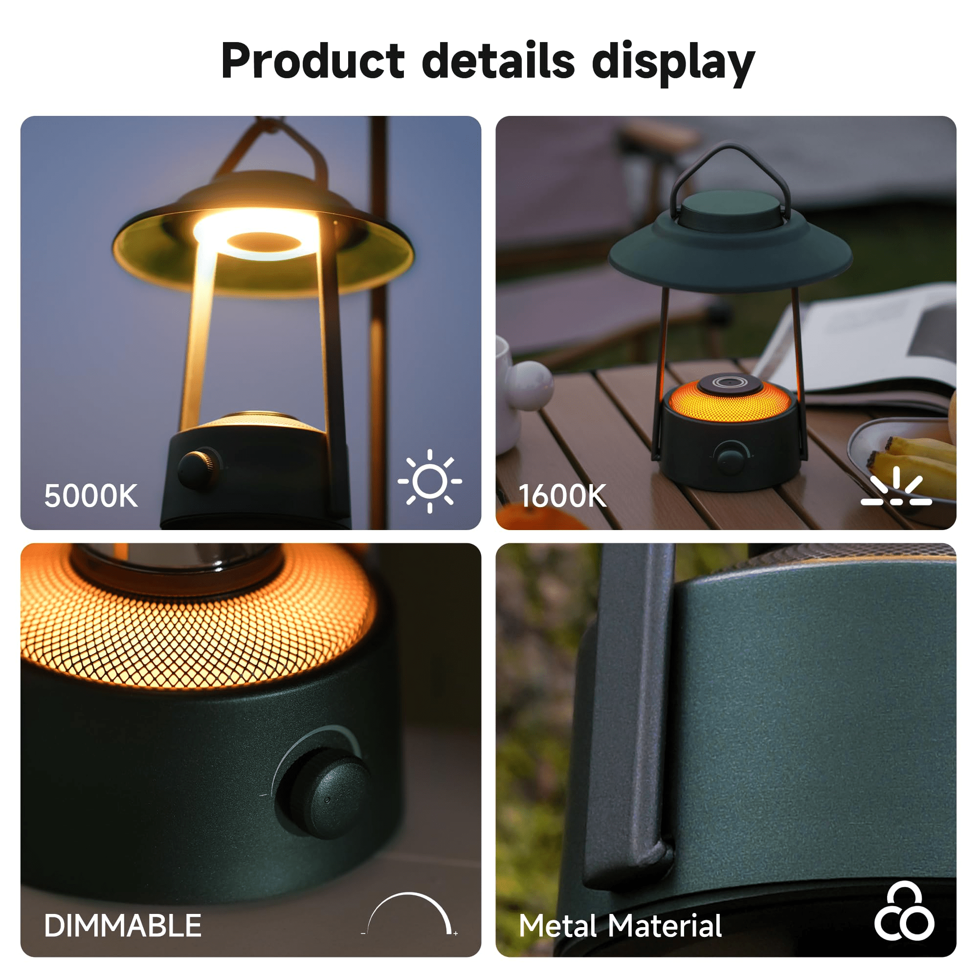 LED Camping Lantern, Dimmable with Dual Color Temperature 1600K-5000K, Metal Construction, Portable with Tripod Stand
