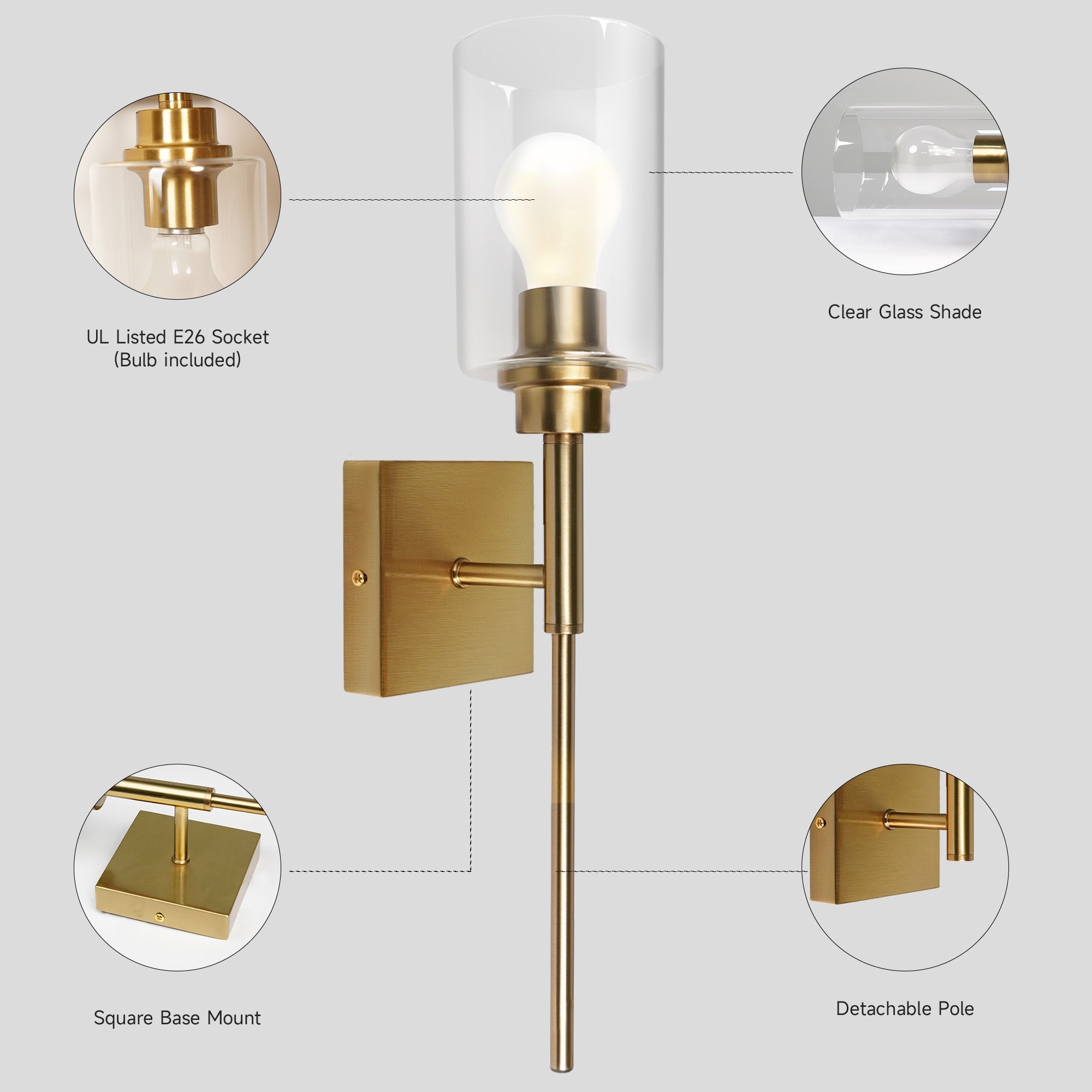 Modern 1-Light Bathroom Wall Light, Brushed Vanity Light Fixture with Clear Glass Shade, E26 CRI90 Bulb Included, Wall Sconce for Mirror, Bedroom, Hallway Living Room