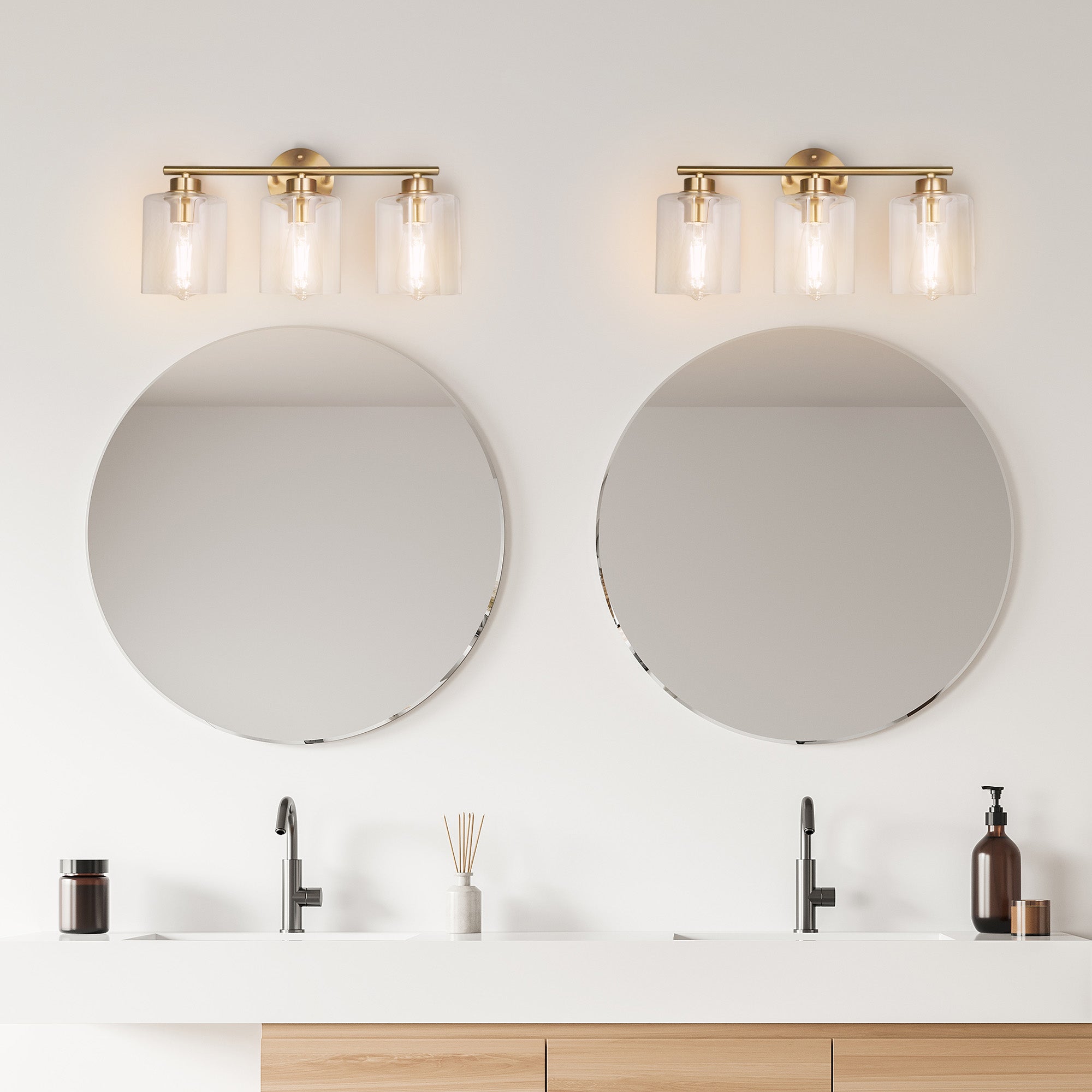 Modern 3-Lights Bathroom Wall Light, Brushed Vanity Light Fixture with Clear Glass Shade, E26 CRI90 Bulb Included, Wall Sconce for Mirror, Bedroom, Hallway Living Room