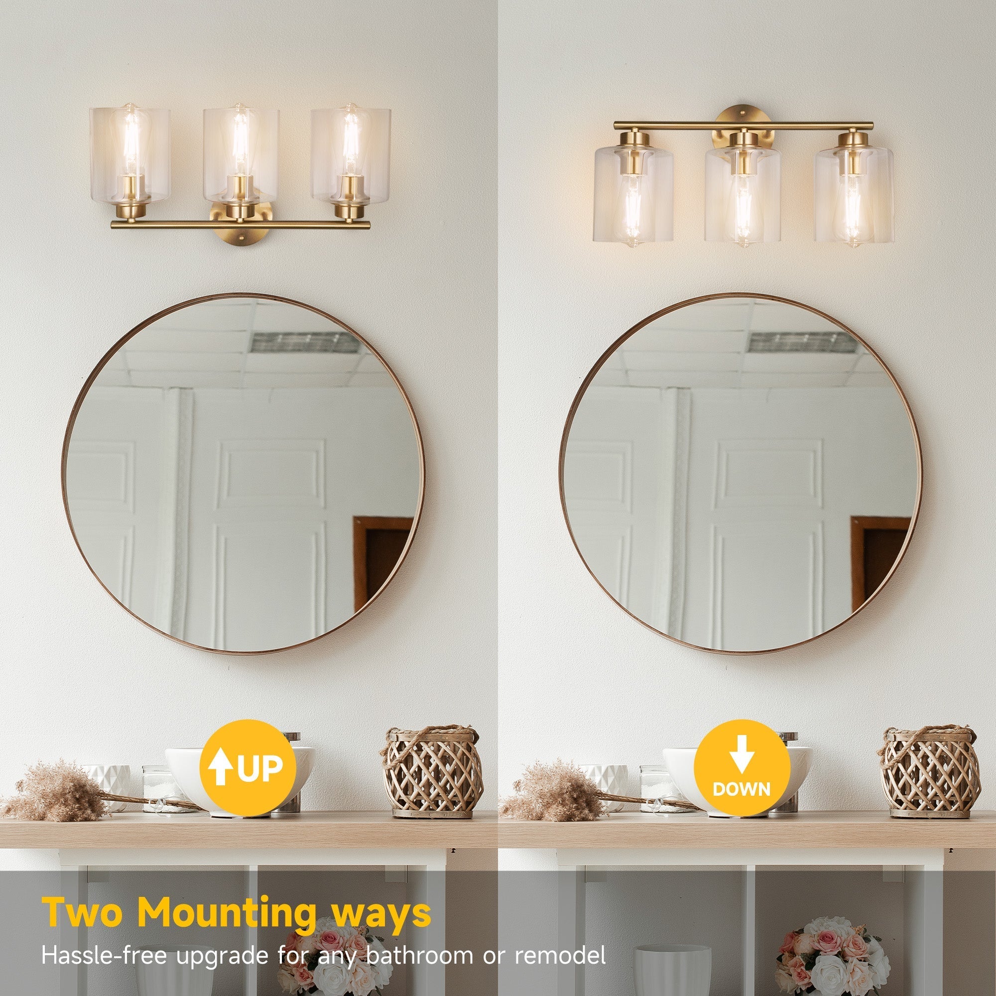 Modern 3-Lights Bathroom Wall Light, Brushed Vanity Light Fixture with Clear Glass Shade, E26 CRI90 Bulb Included, Wall Sconce for Mirror, Bedroom, Hallway Living Room