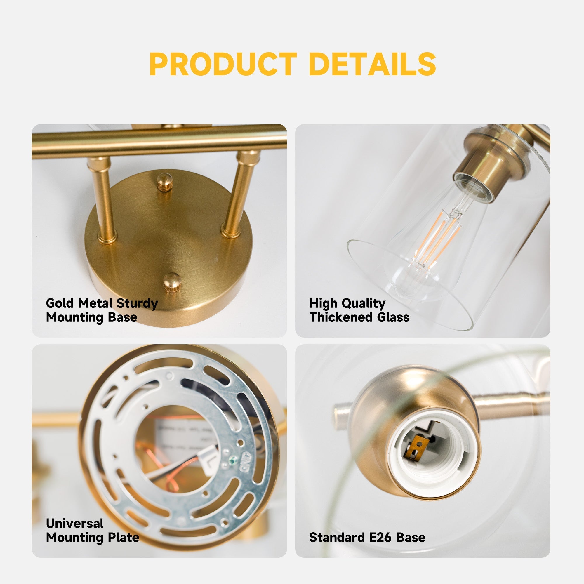 Modern 3-Lights Bathroom Wall Light, Brushed Vanity Light Fixture with Clear Glass Shade, E26 CRI90 Bulb Included, Wall Sconce for Mirror, Bedroom, Hallway Living Room