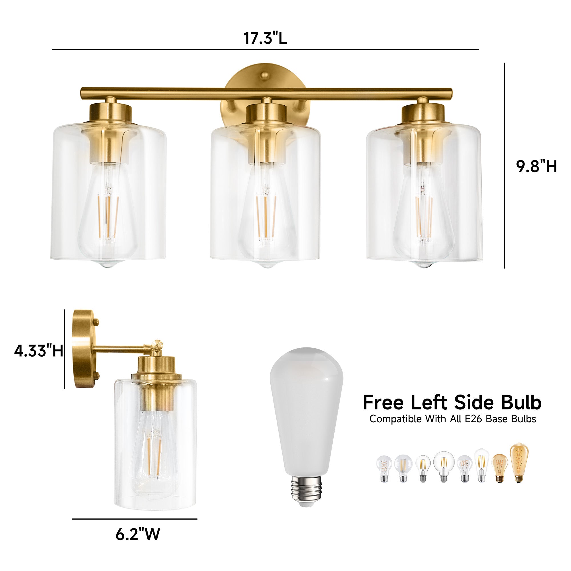Modern 3-Lights Bathroom Wall Light, Brushed Vanity Light Fixture with Clear Glass Shade, E26 CRI90 Bulb Included, Wall Sconce for Mirror, Bedroom, Hallway Living Room