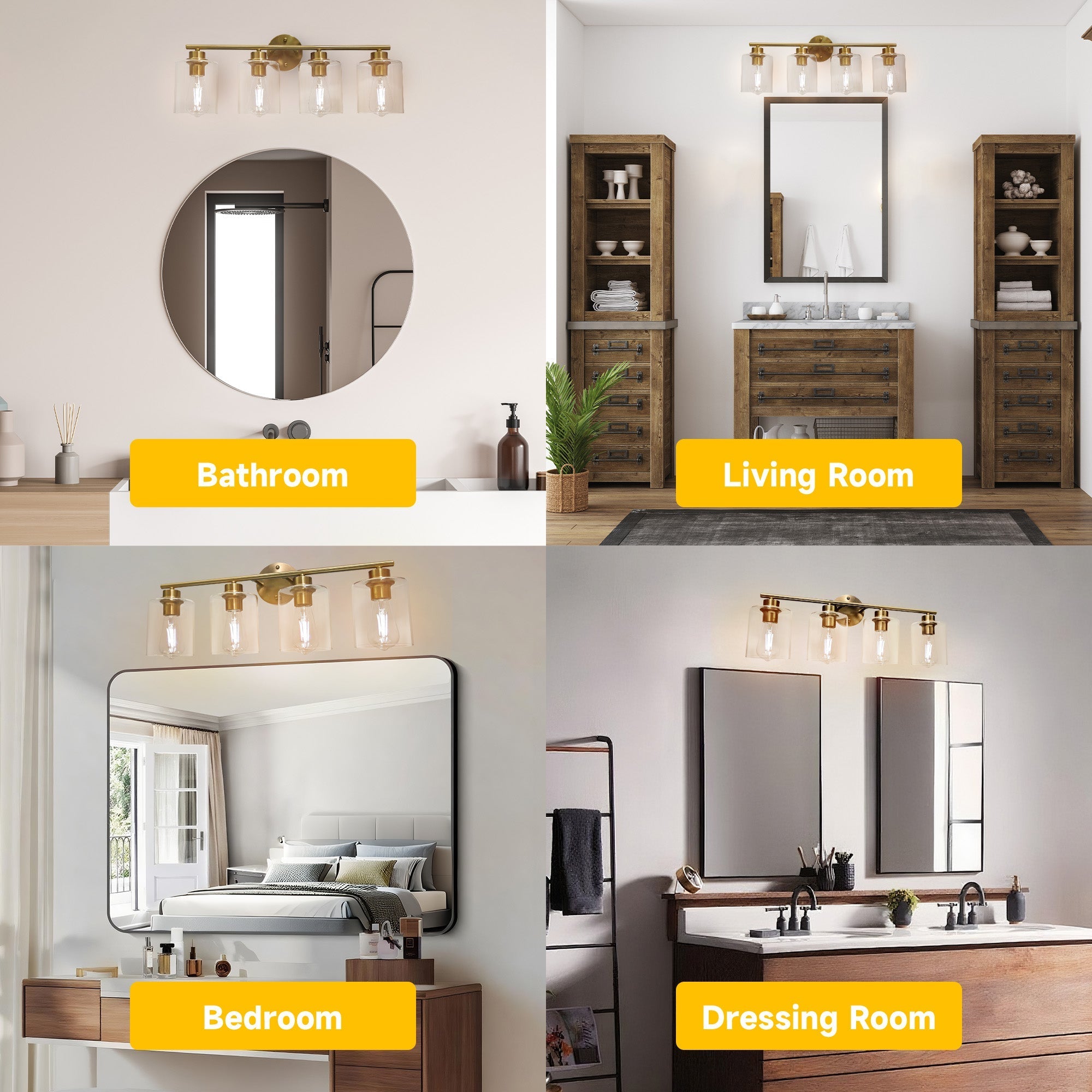 Modern 4-Lighst Bathroom Wall Light, Brushed Vanity Light Fixture with Clear Glass Shade, E26 CRI90 Bulb Included, Wall Sconce for Mirror, Bedroom, Hallway Living Room