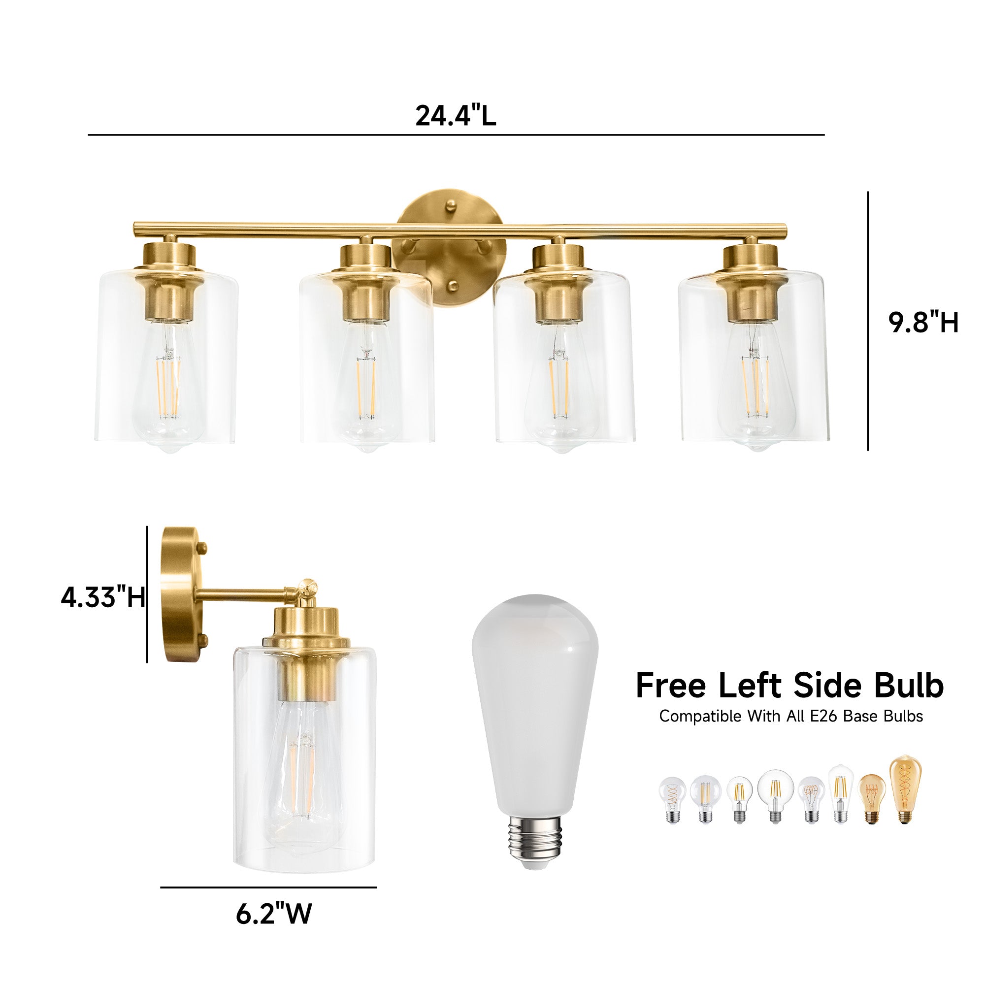 Modern 4-Lighst Bathroom Wall Light, Brushed Vanity Light Fixture with Clear Glass Shade, E26 CRI90 Bulb Included, Wall Sconce for Mirror, Bedroom, Hallway Living Room
