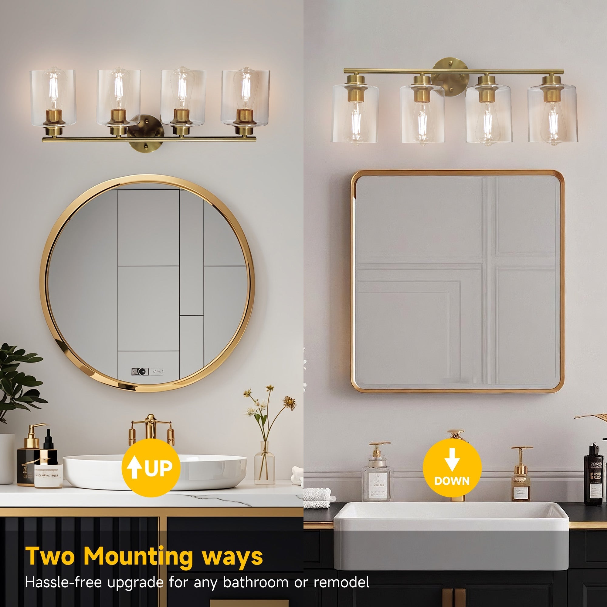 Modern 4-Lighst Bathroom Wall Light, Brushed Vanity Light Fixture with Clear Glass Shade, E26 CRI90 Bulb Included, Wall Sconce for Mirror, Bedroom, Hallway Living Room