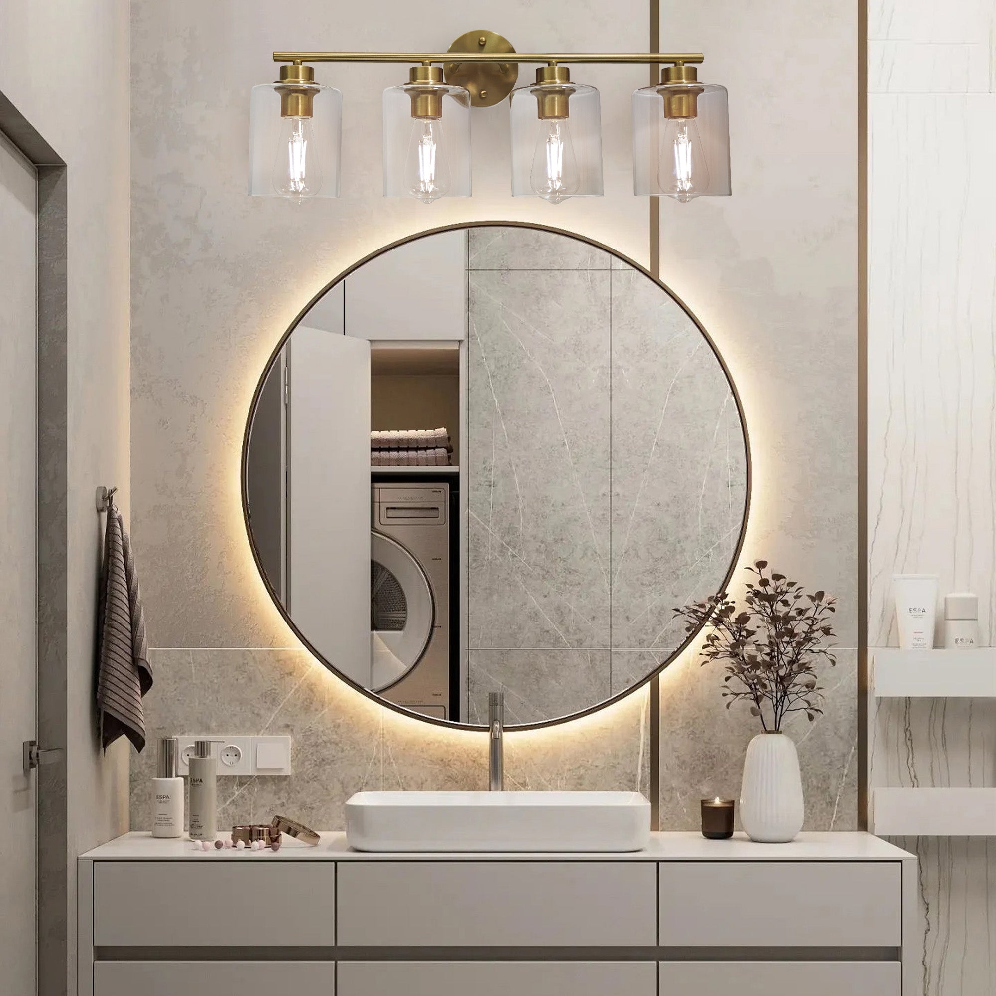 Modern 4-Lighst Bathroom Wall Light, Brushed Vanity Light Fixture with Clear Glass Shade, E26 CRI90 Bulb Included, Wall Sconce for Mirror, Bedroom, Hallway Living Room