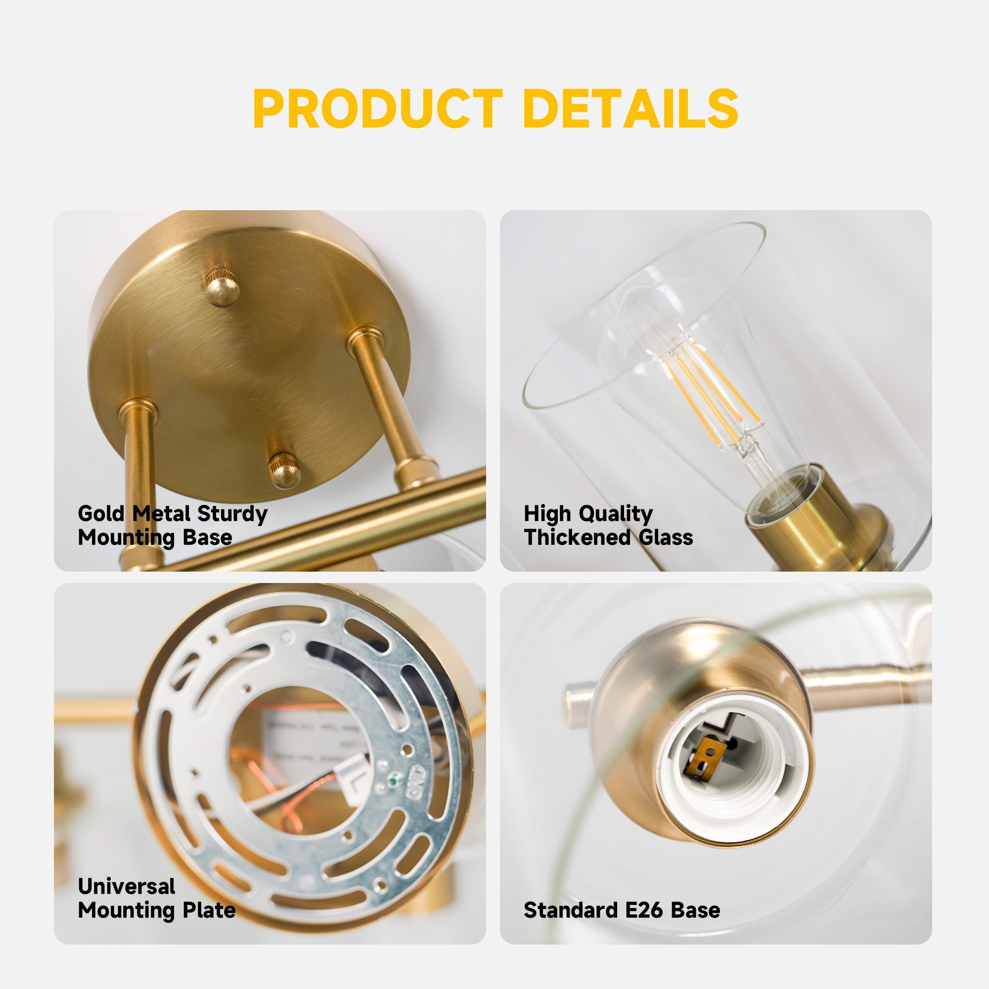 Modern 4-Lighst Bathroom Wall Light, Brushed Vanity Light Fixture with Clear Glass Shade, E26 CRI90 Bulb Included, Wall Sconce for Mirror, Bedroom, Hallway Living Room